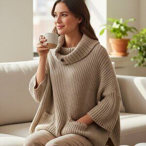 Caslon Chunky Knit Shawl Collar Cardigan Sweater XL Beige Button Front